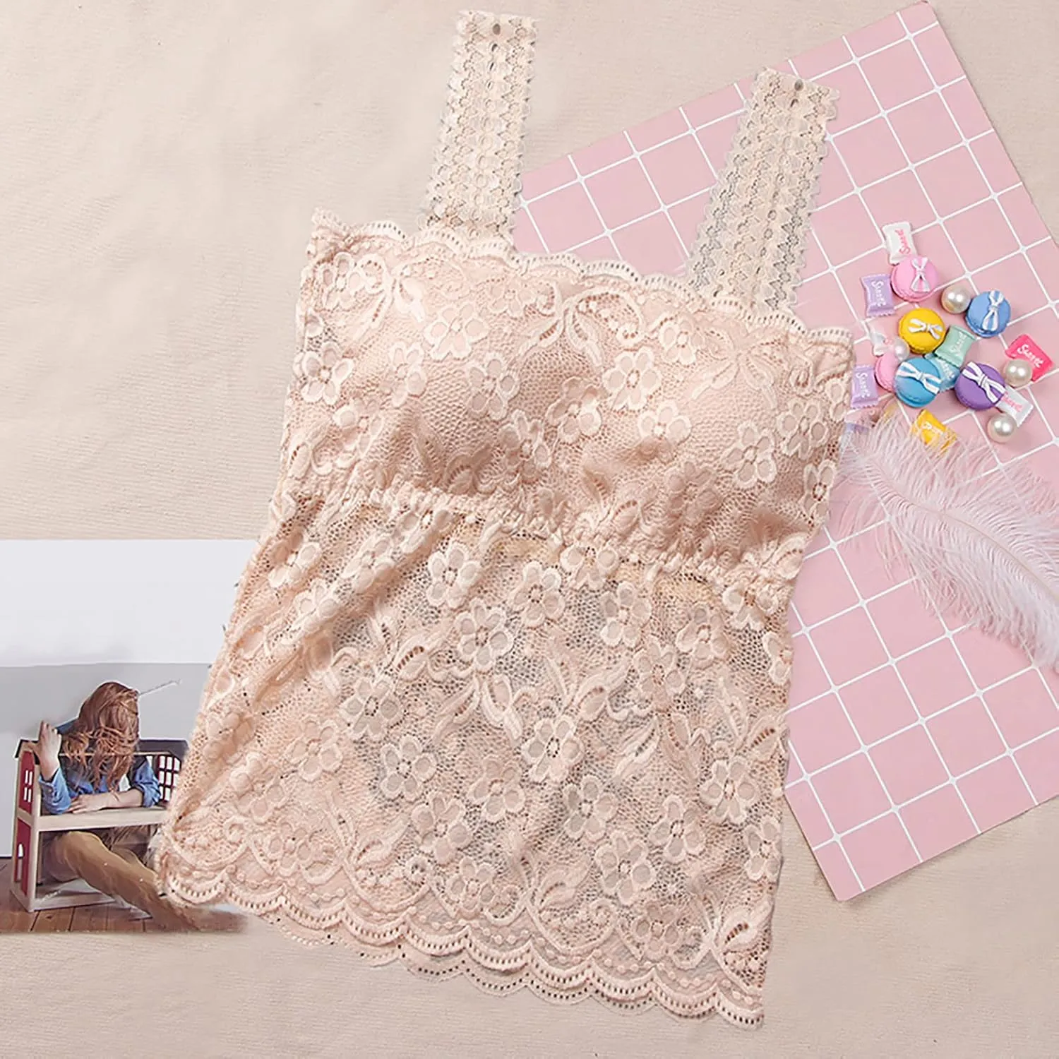 Lace Camisole Tops for Women Built in Bra Padded Bralette 2025 Soft Comfy Crop Tops Trendy Basic Camisoles
