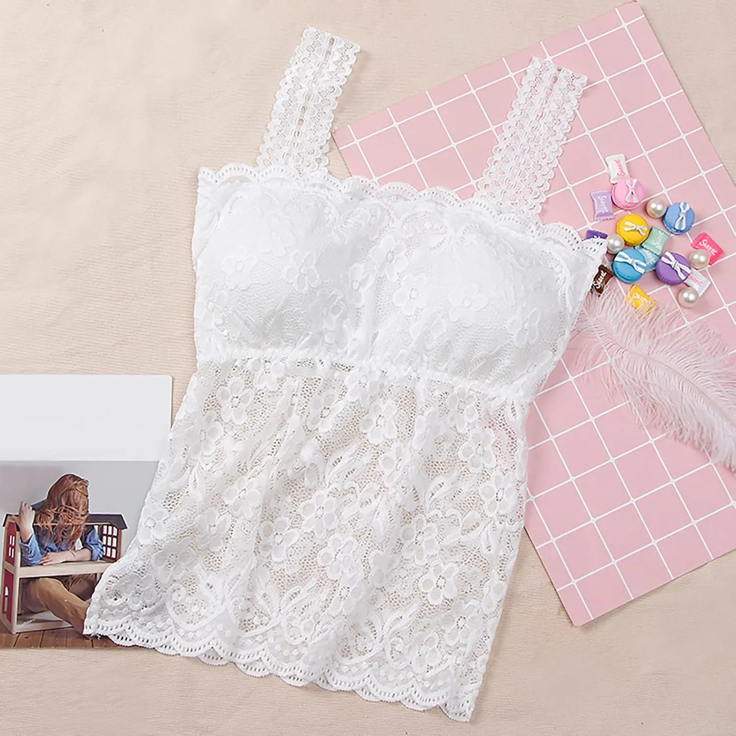Lace Camisole Tops for Women Built in Bra Padded Bralette 2025 Soft Comfy Crop Tops Trendy Basic Camisoles