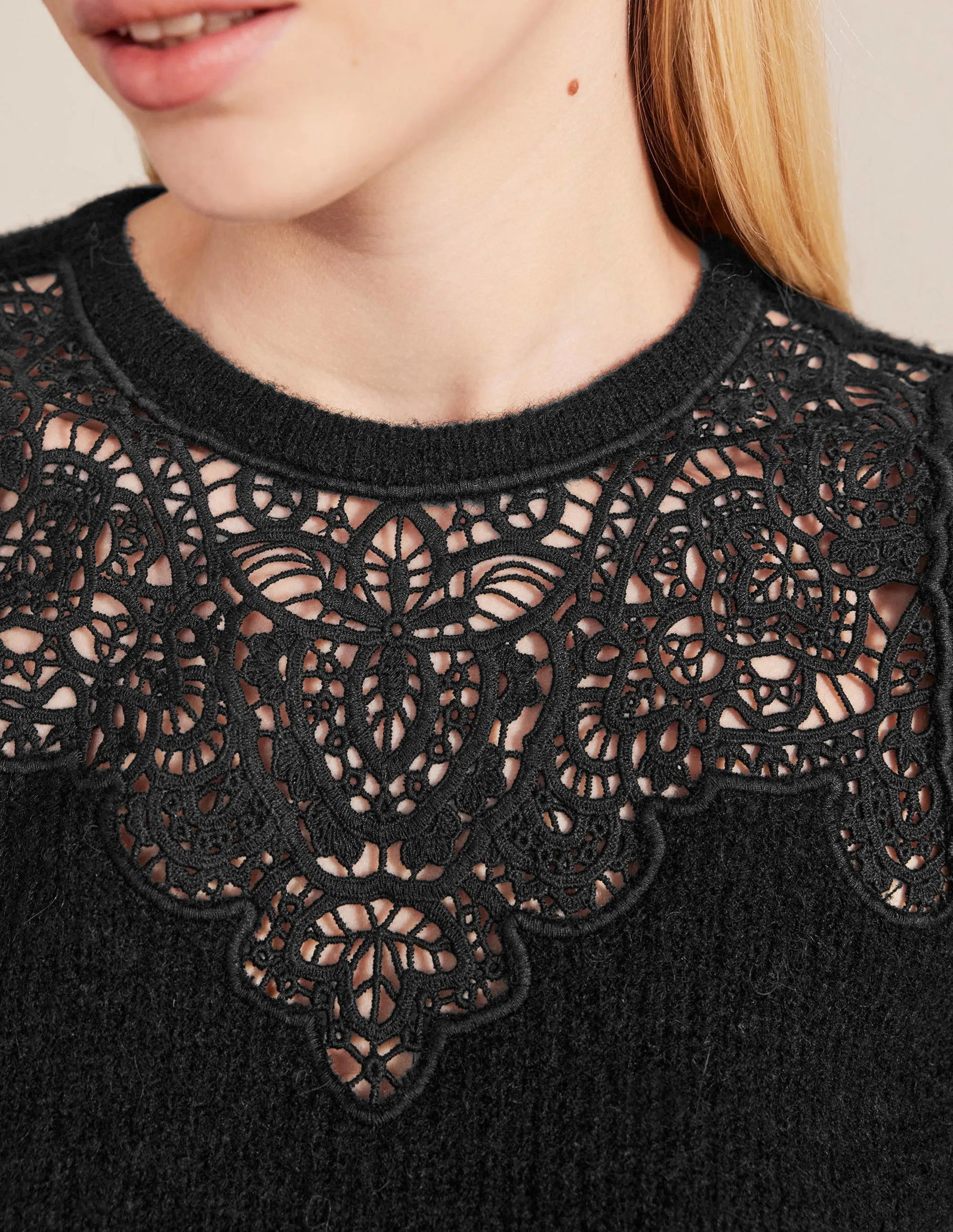 Lace Panel Fluffy Jumper-Black