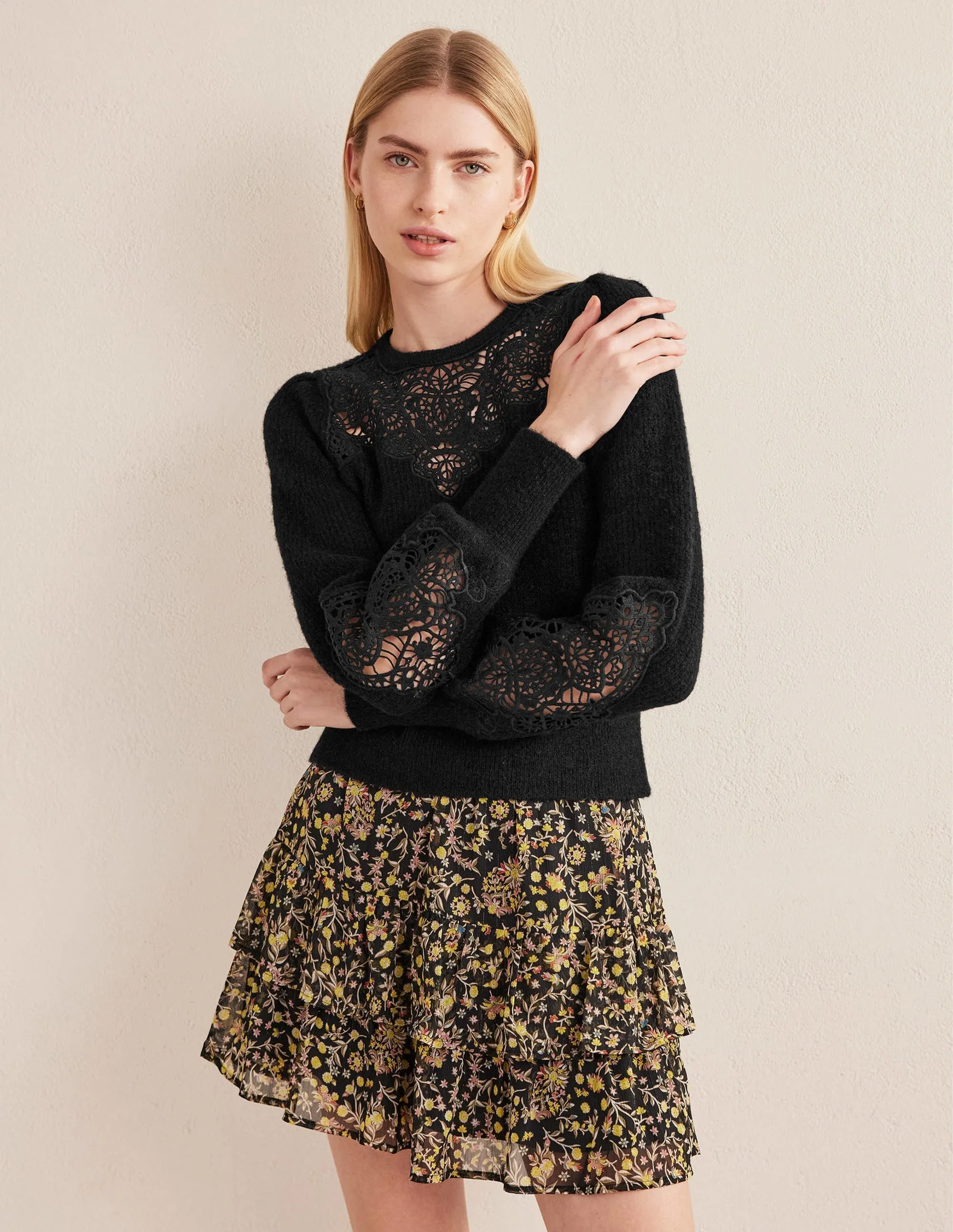 Lace Panel Fluffy Jumper-Black