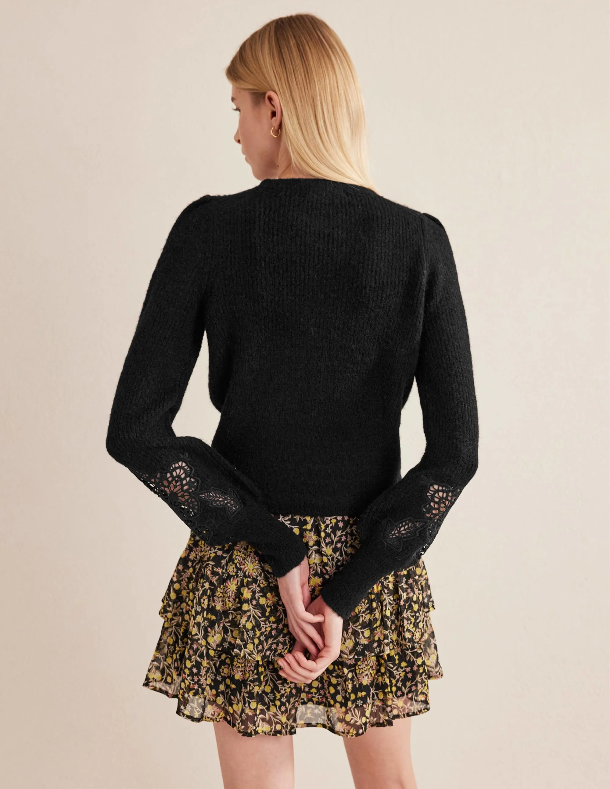 Lace Panel Fluffy Jumper-Black