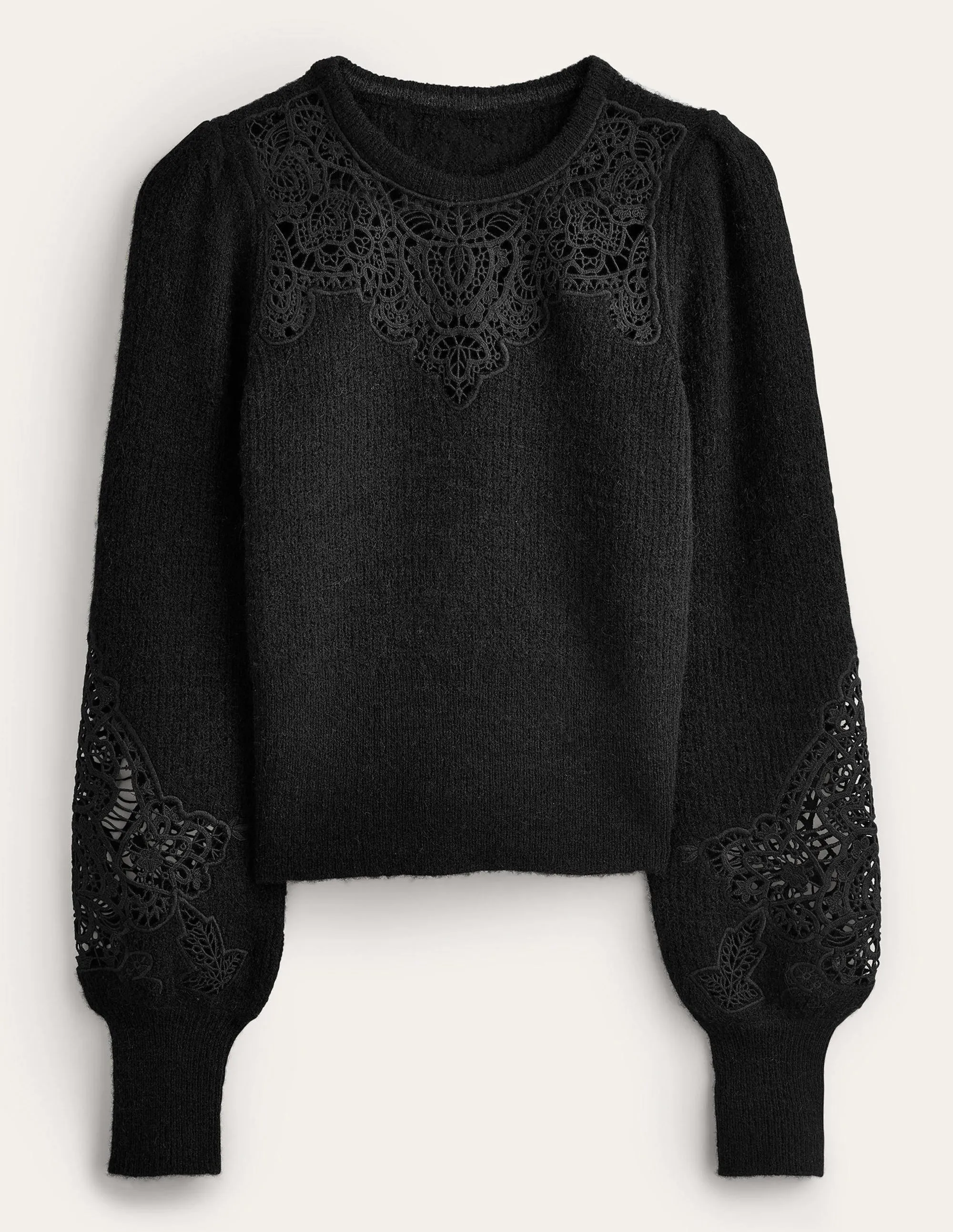 Lace Panel Fluffy Jumper-Black