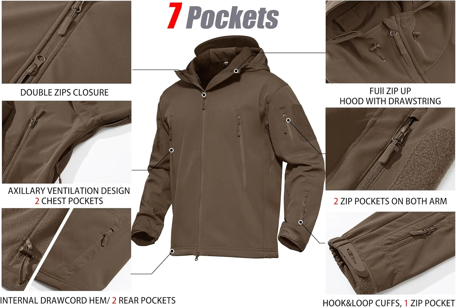 MAGCOMSEN Men's Tactical Jacket 7 Pockets Performance Fleece Lined Water Resistant Soft Shell Winter Coats