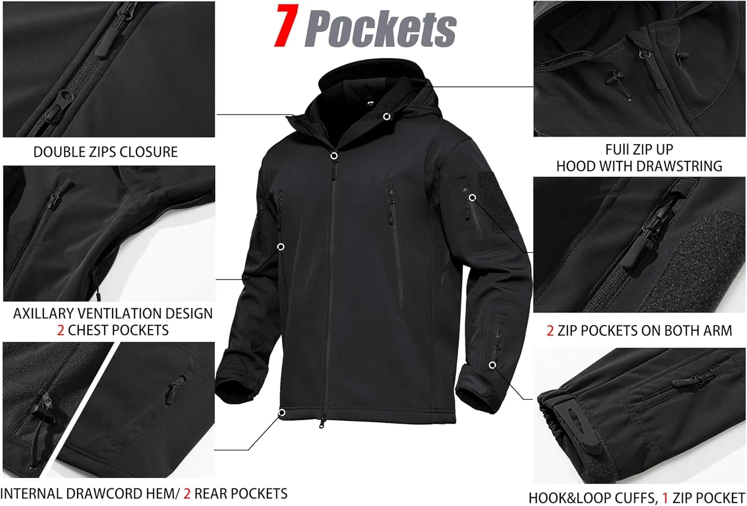 MAGCOMSEN Men's Tactical Jacket 7 Pockets Performance Fleece Lined Water Resistant Soft Shell Winter Coats