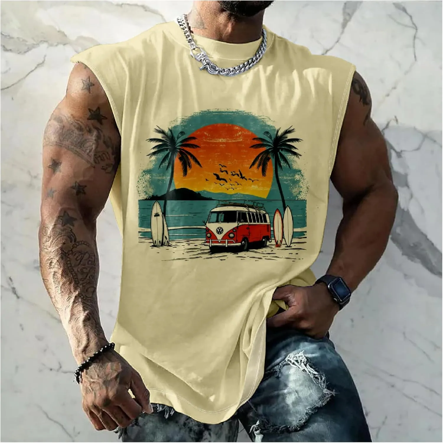 MARSVOVO Hawaiian Shirt for Men Funny Graphic Vintage Summer Sleeveless Crewneck Soft Quick Dry Beach Tank Tops for Men