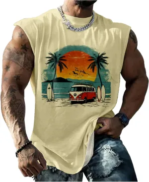 MARSVOVO Hawaiian Shirt for Men Funny Graphic Vintage Summer Sleeveless Crewneck Soft Quick Dry Beach Tank Tops for Men