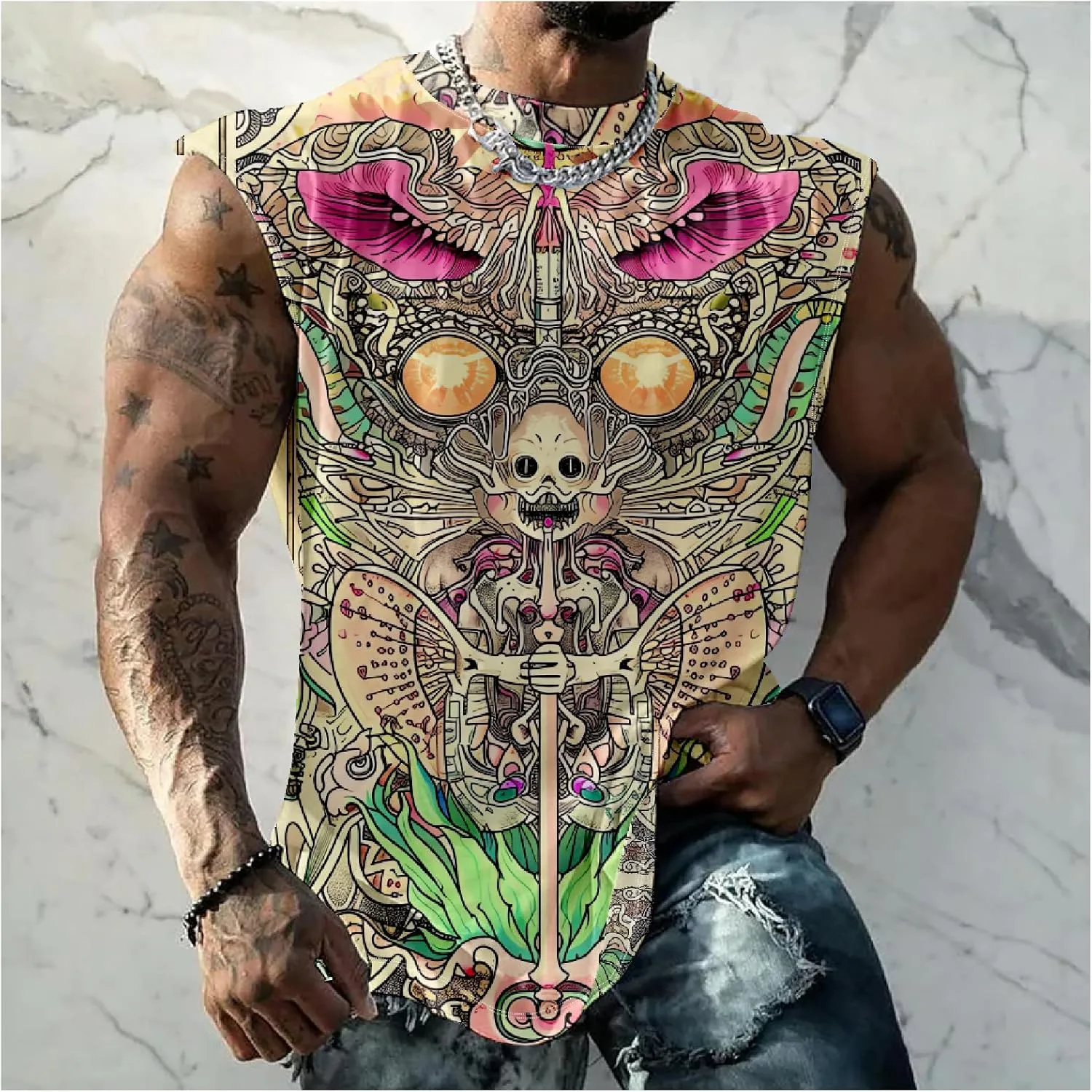 MARSVOVO Mens 3D Tank Top Novelty Graphic Breathable Quick Dry Sleeveless Shirt Y2k Heavyweight Muscle Sports Quick Dry