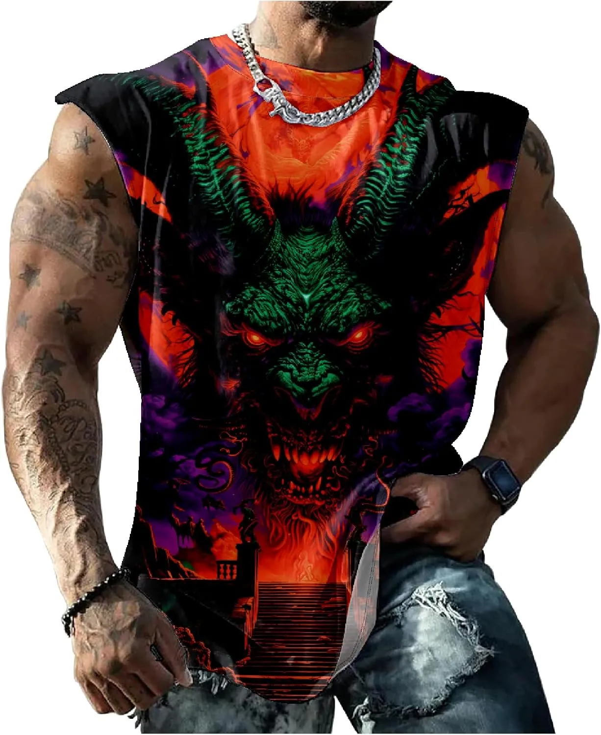 MARSVOVO Mens 3D Tank Top Novelty Graphic Breathable Quick Dry Sleeveless Shirt Y2k Heavyweight Muscle Sports Quick Dry