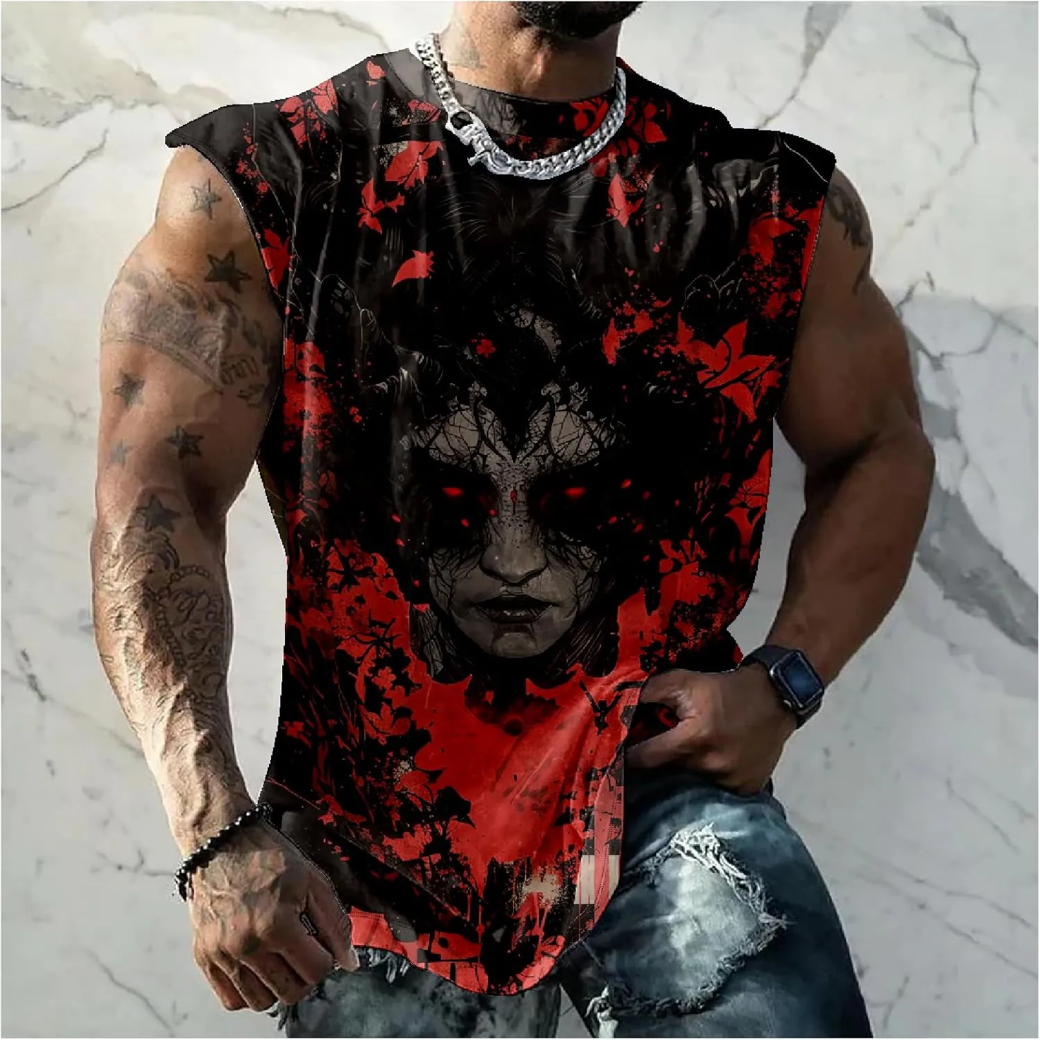 MARSVOVO Mens 3D Tank Top Novelty Graphic Breathable Quick Dry Sleeveless Shirt Y2k Heavyweight Muscle Sports Quick Dry