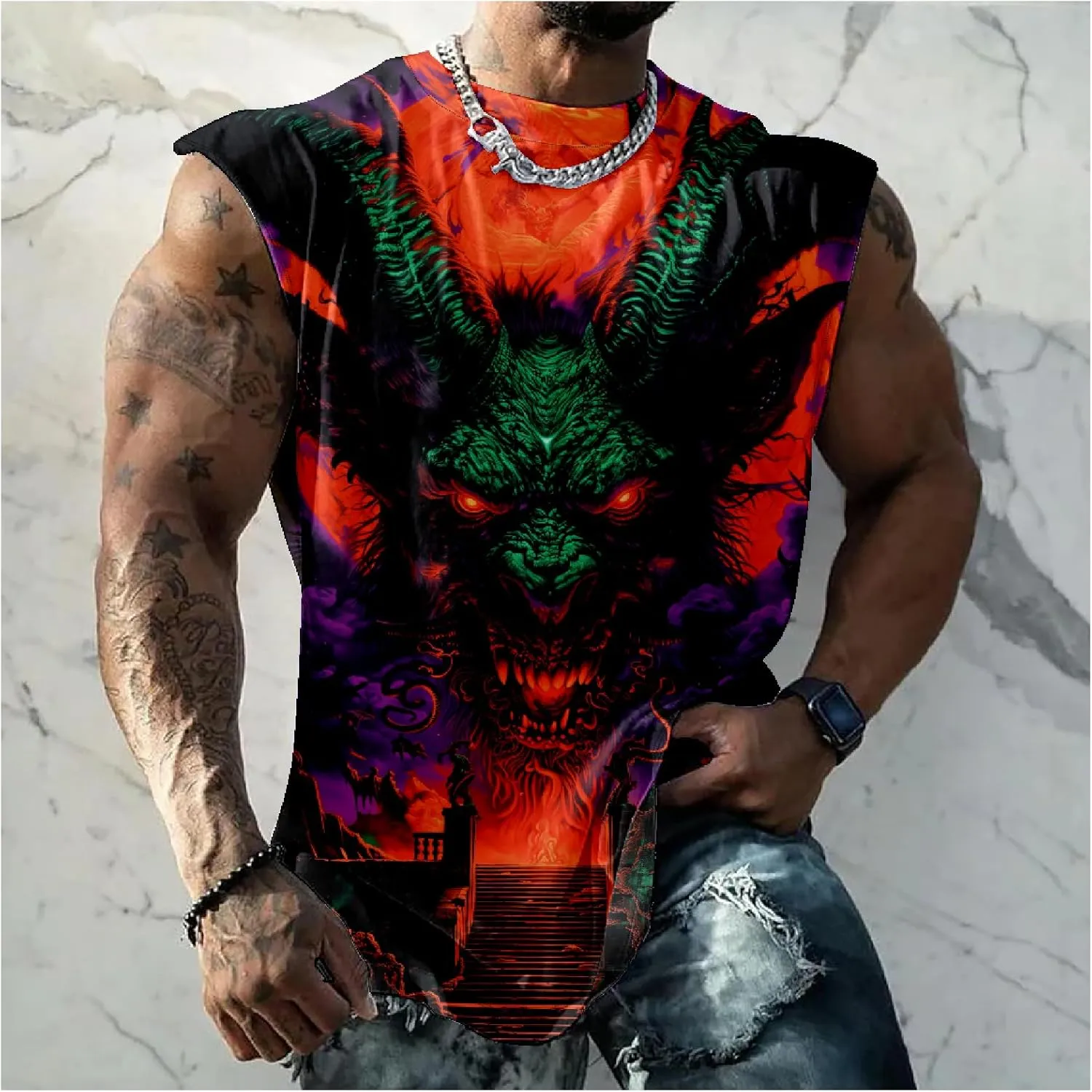 MARSVOVO Mens 3D Tank Top Novelty Graphic Breathable Quick Dry Sleeveless Shirt Y2k Heavyweight Muscle Sports Quick Dry