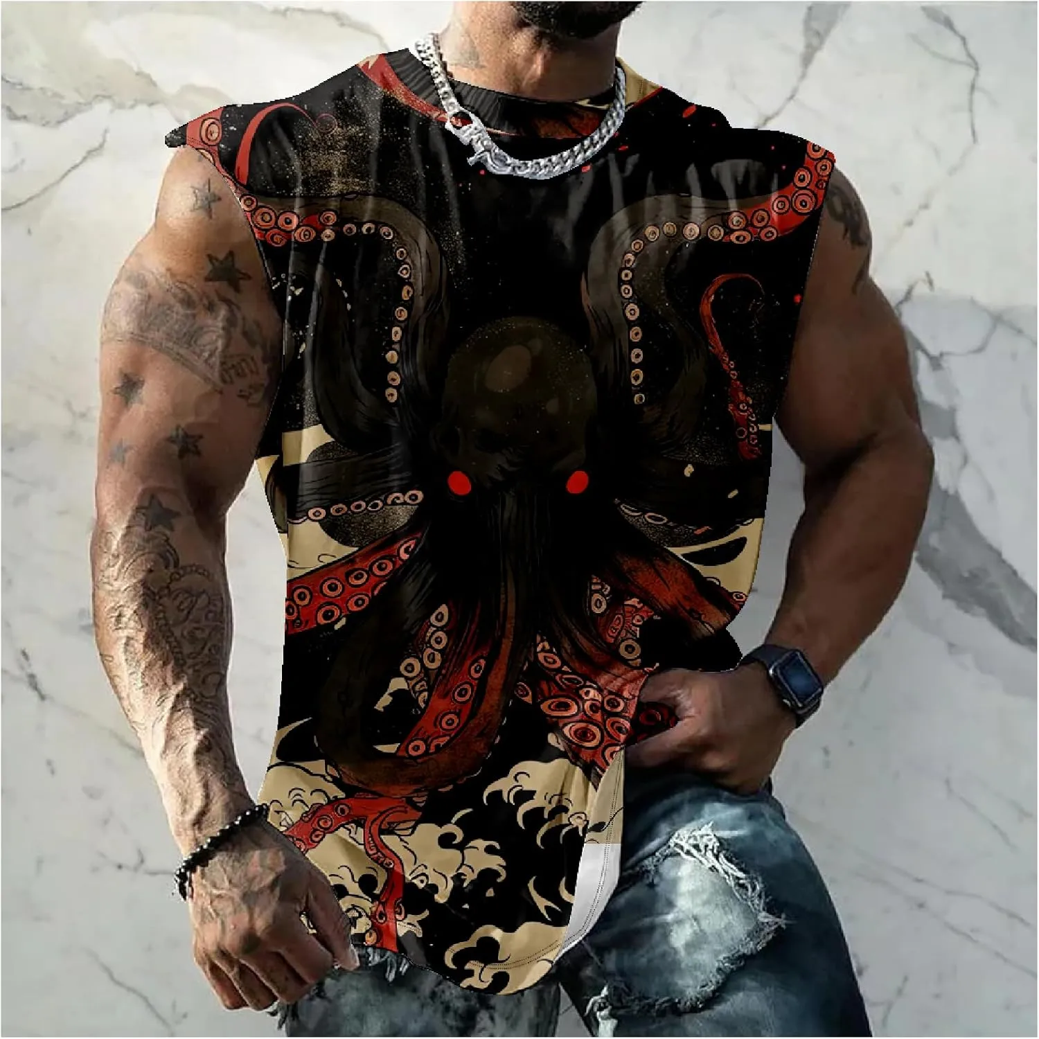 MARSVOVO Mens 3D Tank Top Novelty Graphic Breathable Quick Dry Sleeveless Shirt Y2k Heavyweight Muscle Sports Quick Dry