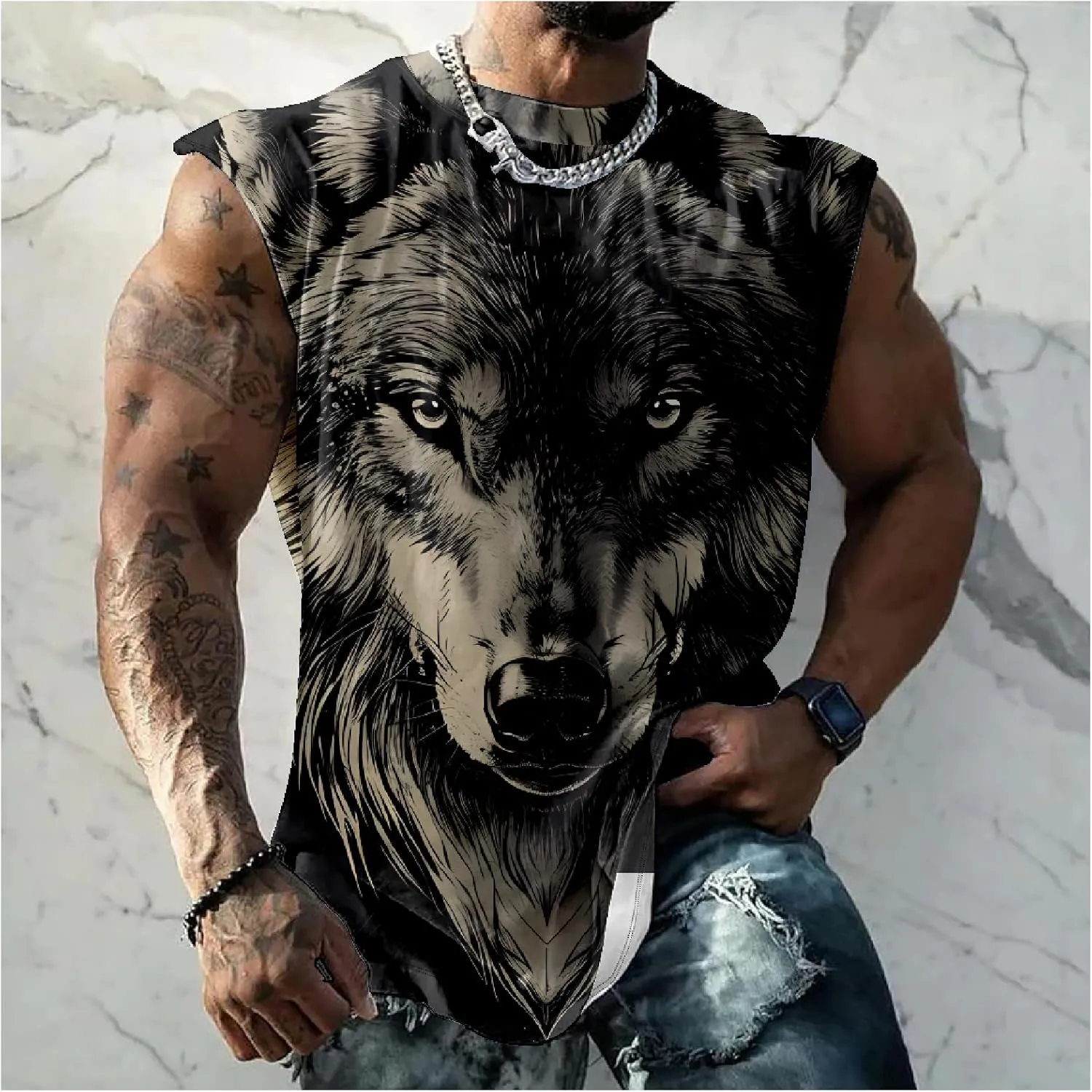 MARSVOVO Skull Lion Tiger Wolf Print T-Shirts for Men Novelty Animal Graphic Shirt Sleeveless Crewneck Quick Dry