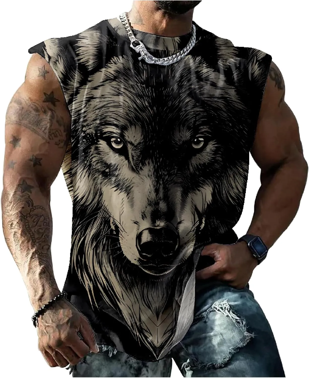 MARSVOVO Skull Lion Tiger Wolf Print T-Shirts for Men Novelty Animal Graphic Shirt Sleeveless Crewneck Quick Dry