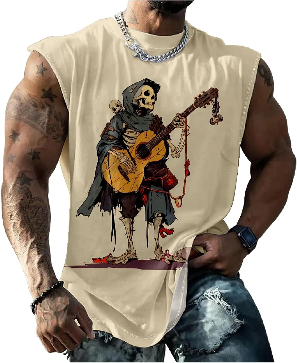 MARSVOVO Skull Lion Tiger Wolf Print T-Shirts for Men Novelty Animal Graphic Shirt Sleeveless Crewneck Quick Dry