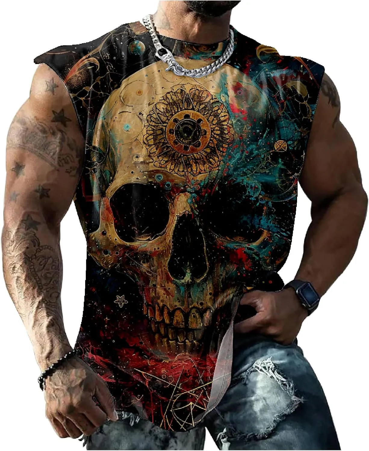 MARSVOVO Skull Lion Tiger Wolf Print T-Shirts for Men Novelty Animal Graphic Shirt Sleeveless Crewneck Quick Dry