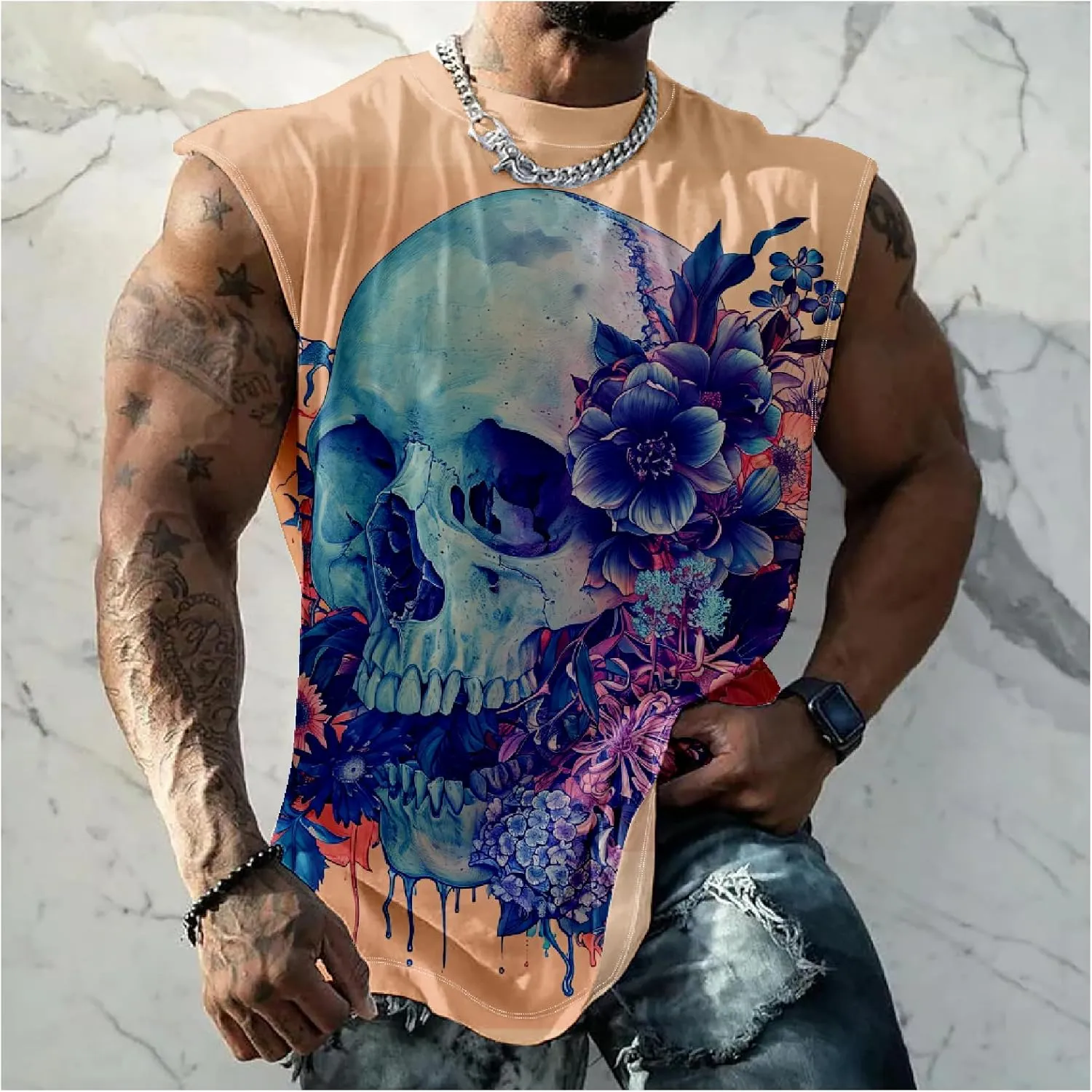 MARSVOVO Skull Lion Tiger Wolf Print T-Shirts for Men Novelty Animal Graphic Shirt Sleeveless Crewneck Quick Dry