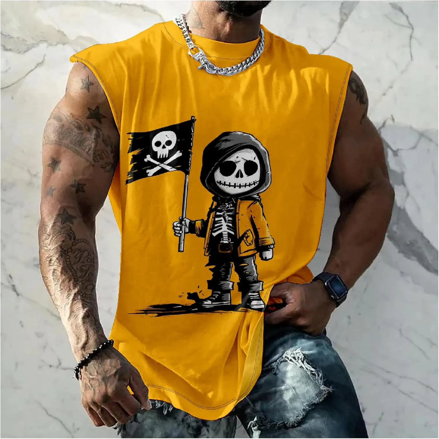 MARSVOVO Skull Lion Tiger Wolf Print T-Shirts for Men Novelty Animal Graphic Shirt Sleeveless Crewneck Quick Dry