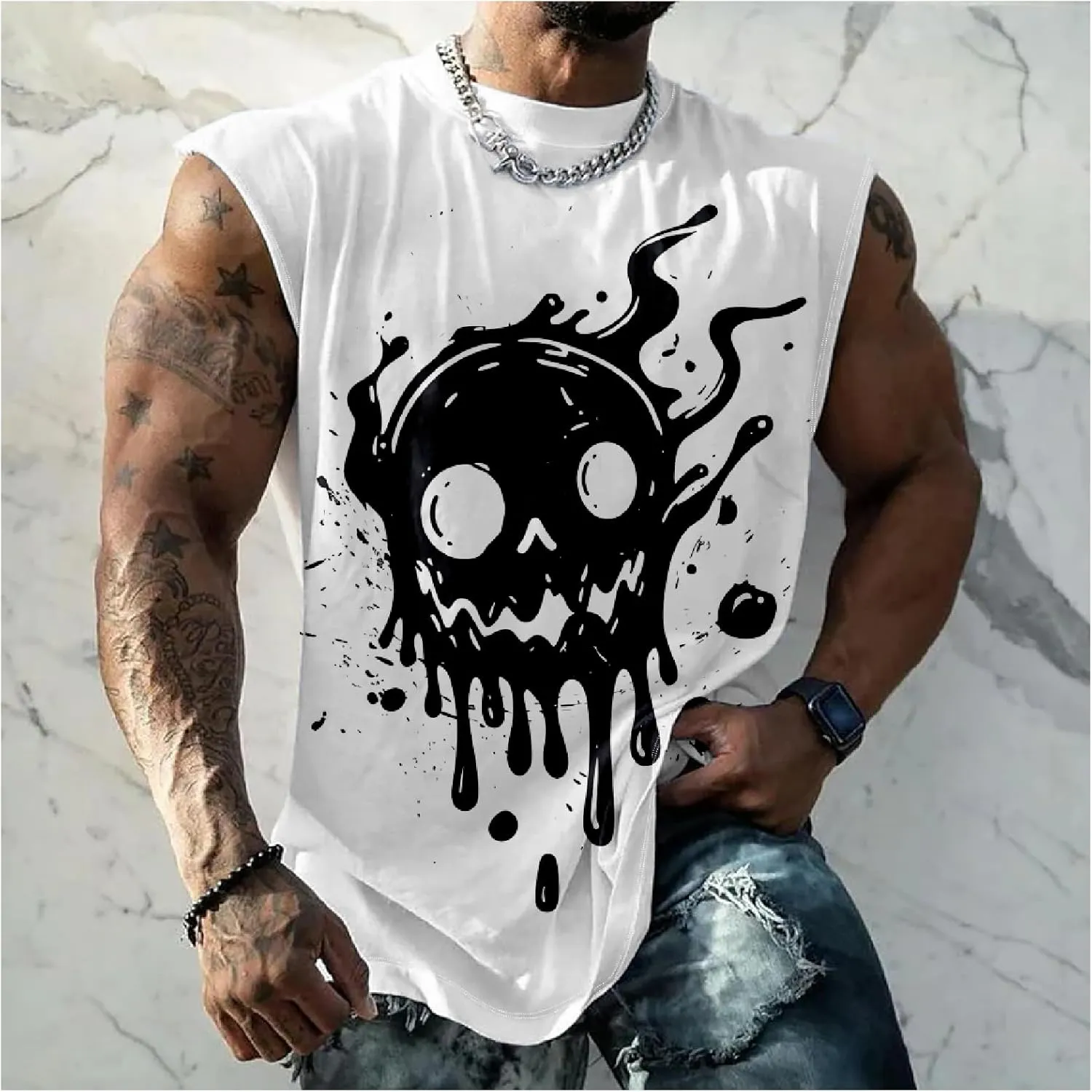 MARSVOVO Skull Lion Tiger Wolf Print T-Shirts for Men Novelty Animal Graphic Shirt Sleeveless Crewneck Quick Dry
