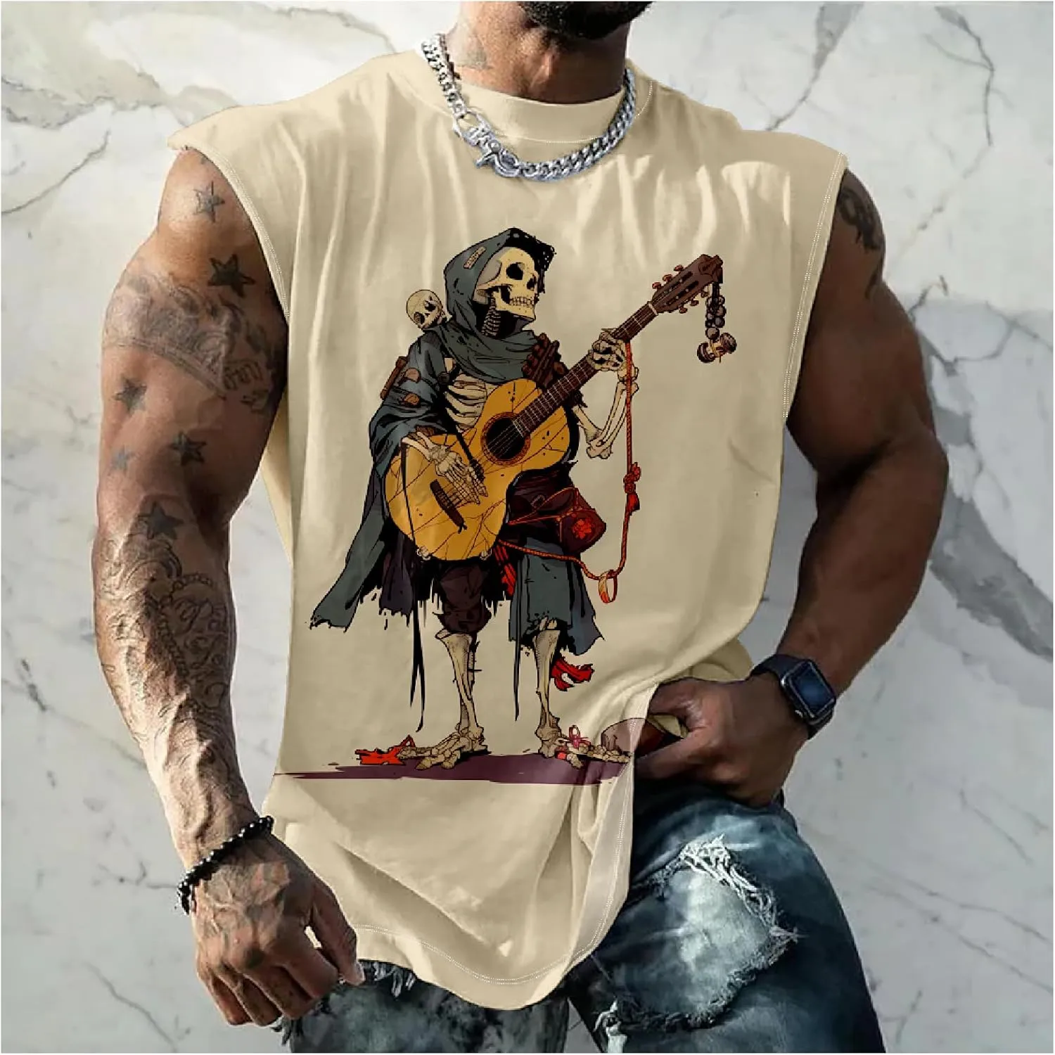 MARSVOVO Skull Lion Tiger Wolf Print T-Shirts for Men Novelty Animal Graphic Shirt Sleeveless Crewneck Quick Dry
