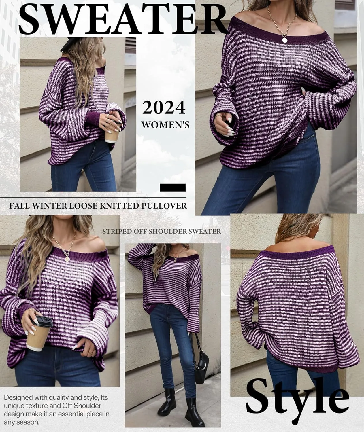 MARZXIN Women's 2025 Fall Long Sleeve Sweaters Casual Loose Striped Off Shoulder Casual Oversized Knitted Sweater Pullovers