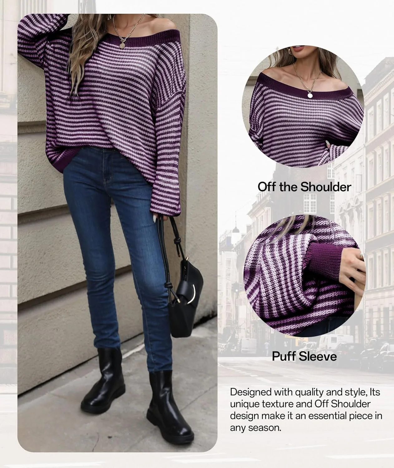 MARZXIN Women's 2025 Fall Long Sleeve Sweaters Casual Loose Striped Off Shoulder Casual Oversized Knitted Sweater Pullovers
