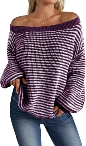 MARZXIN Women's 2025 Fall Long Sleeve Sweaters Casual Loose Striped Off Shoulder Casual Oversized Knitted Sweater Pullovers