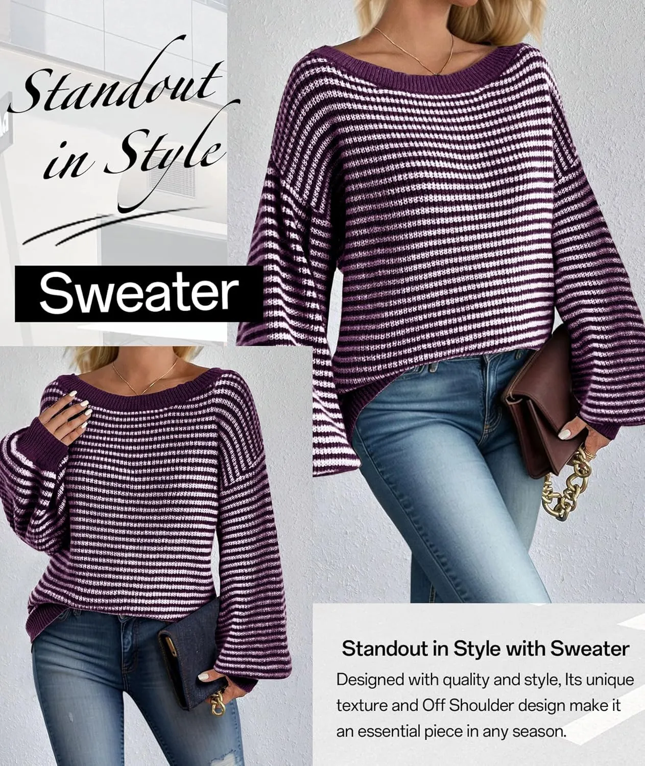 MARZXIN Women's 2025 Fall Long Sleeve Sweaters Casual Loose Striped Off Shoulder Casual Oversized Knitted Sweater Pullovers