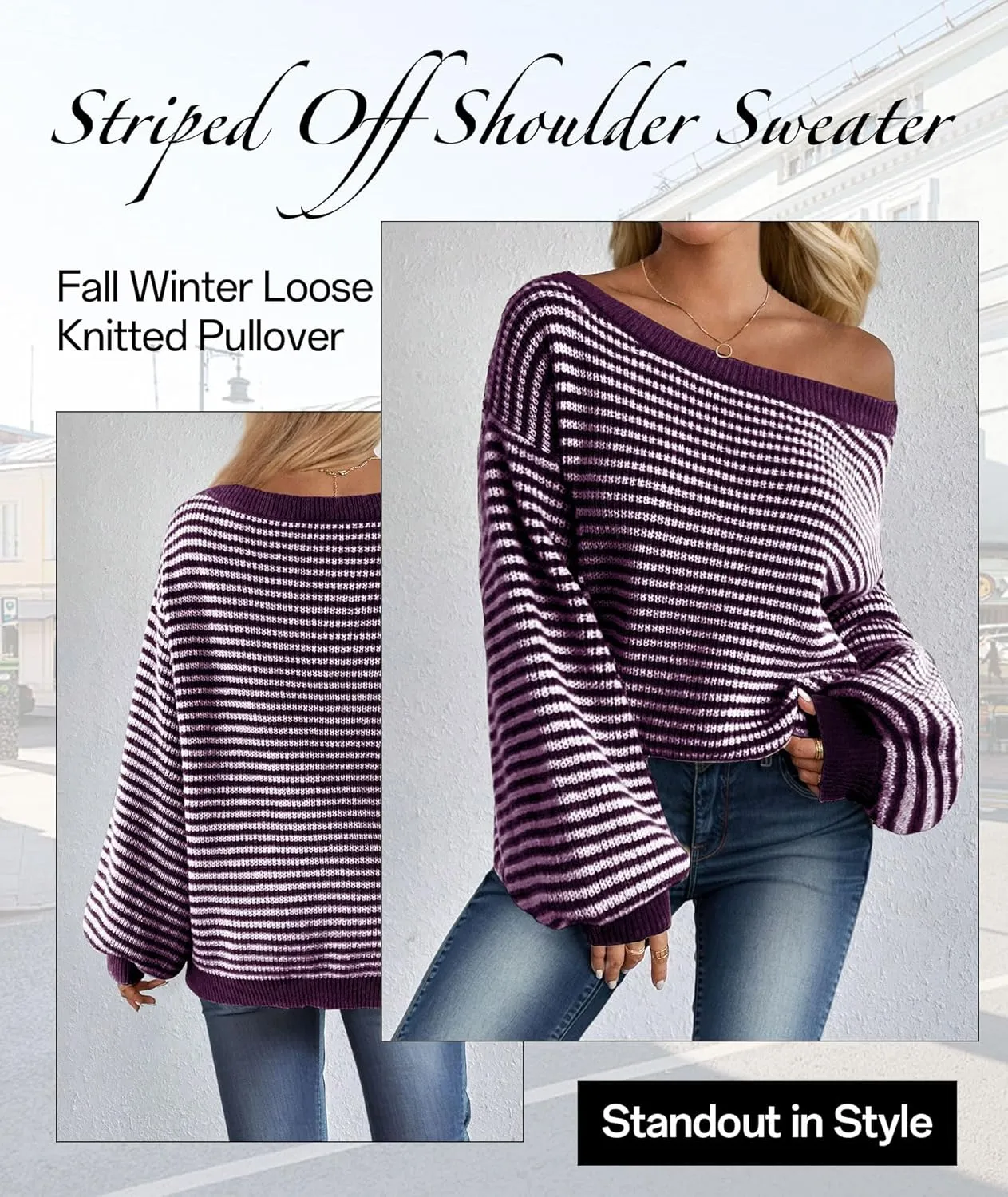MARZXIN Women's 2025 Fall Long Sleeve Sweaters Casual Loose Striped Off Shoulder Casual Oversized Knitted Sweater Pullovers