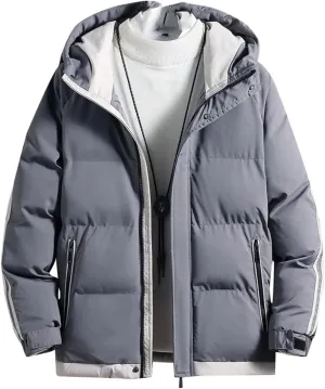 Men Jackets Hooded Parkas Thick Warm Cotton Padded Windproof Coat Solid Color Outwear