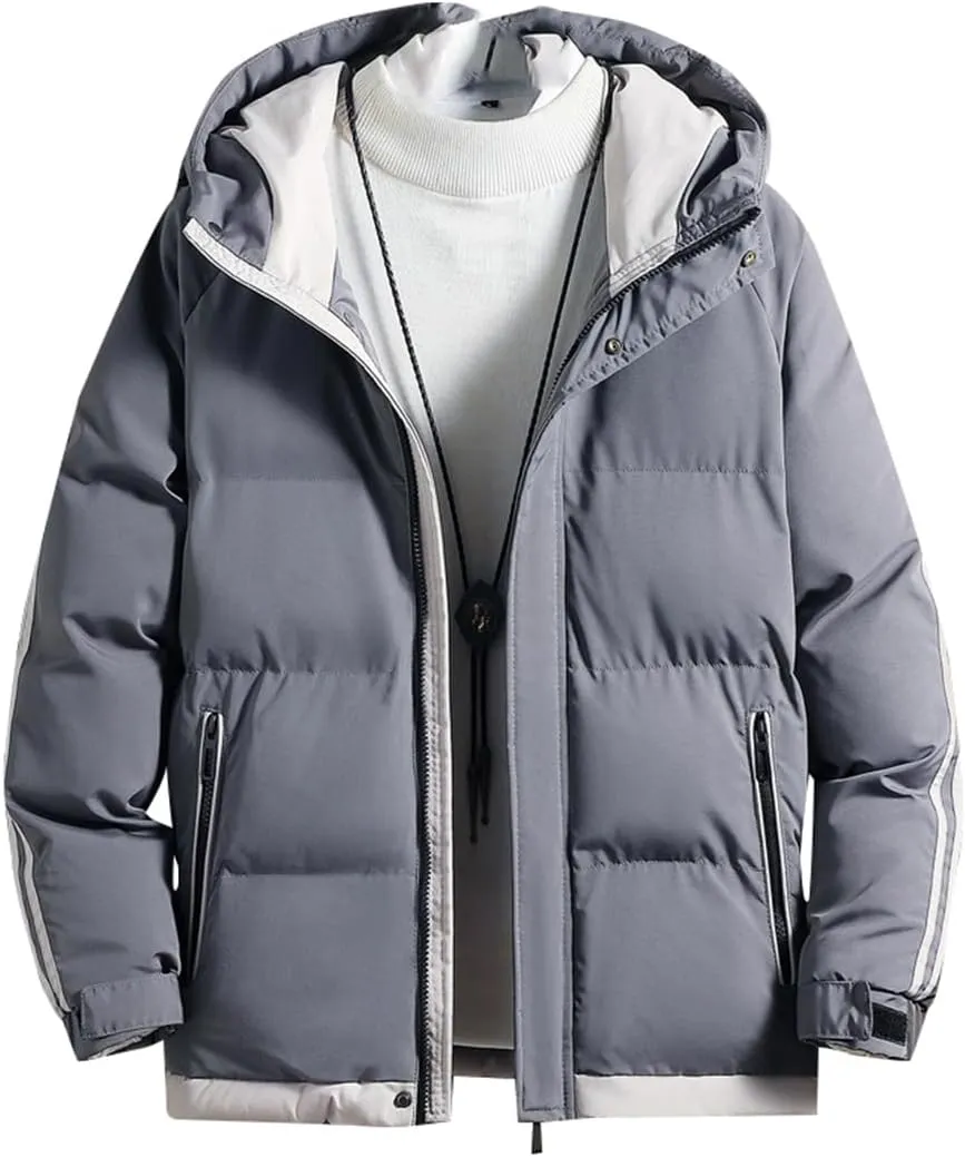 Men Jackets Hooded Parkas Thick Warm Cotton Padded Windproof Coat Solid Color Outwear