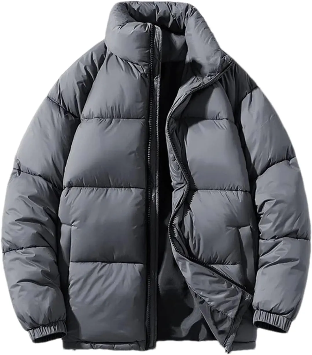 Men Stand Collar Solid Pockets Cotton-Padded Classic Zipper Thick Warm Loose Parka Coat