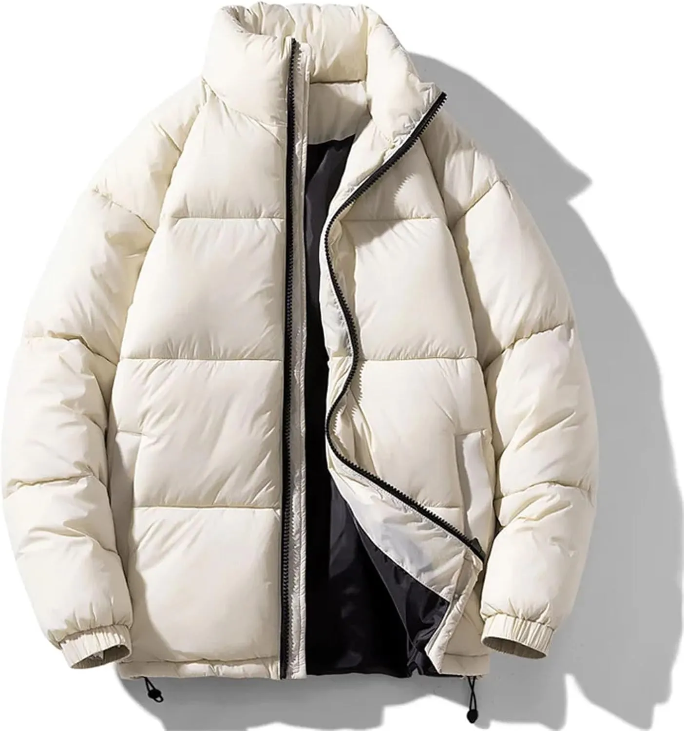 Men Stand Collar Solid Pockets Cotton-Padded Classic Zipper Thick Warm Loose Parka Coat