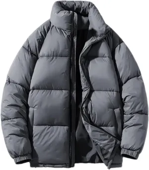 Men Stand Collar Solid Pockets Cotton-Padded Classic Zipper Thick Warm Loose Parka Coat