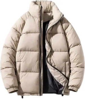 Men Stand Collar Solid Pockets Cotton-Padded Classic Zipper Thick Warm Loose Parka Coat
