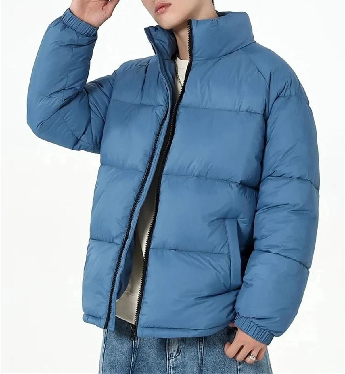 Men Stand Collar Solid Pockets Cotton-Padded Classic Zipper Thick Warm Loose Parka Coat