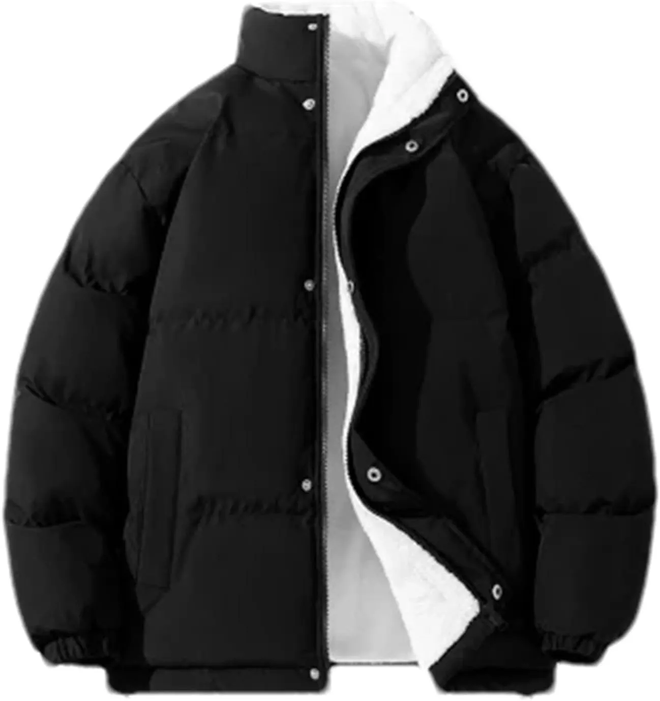 Men Stand Collar Zipper Button Cotton-Padded Jacket Classic Solid Oversized Thick Plush Coat