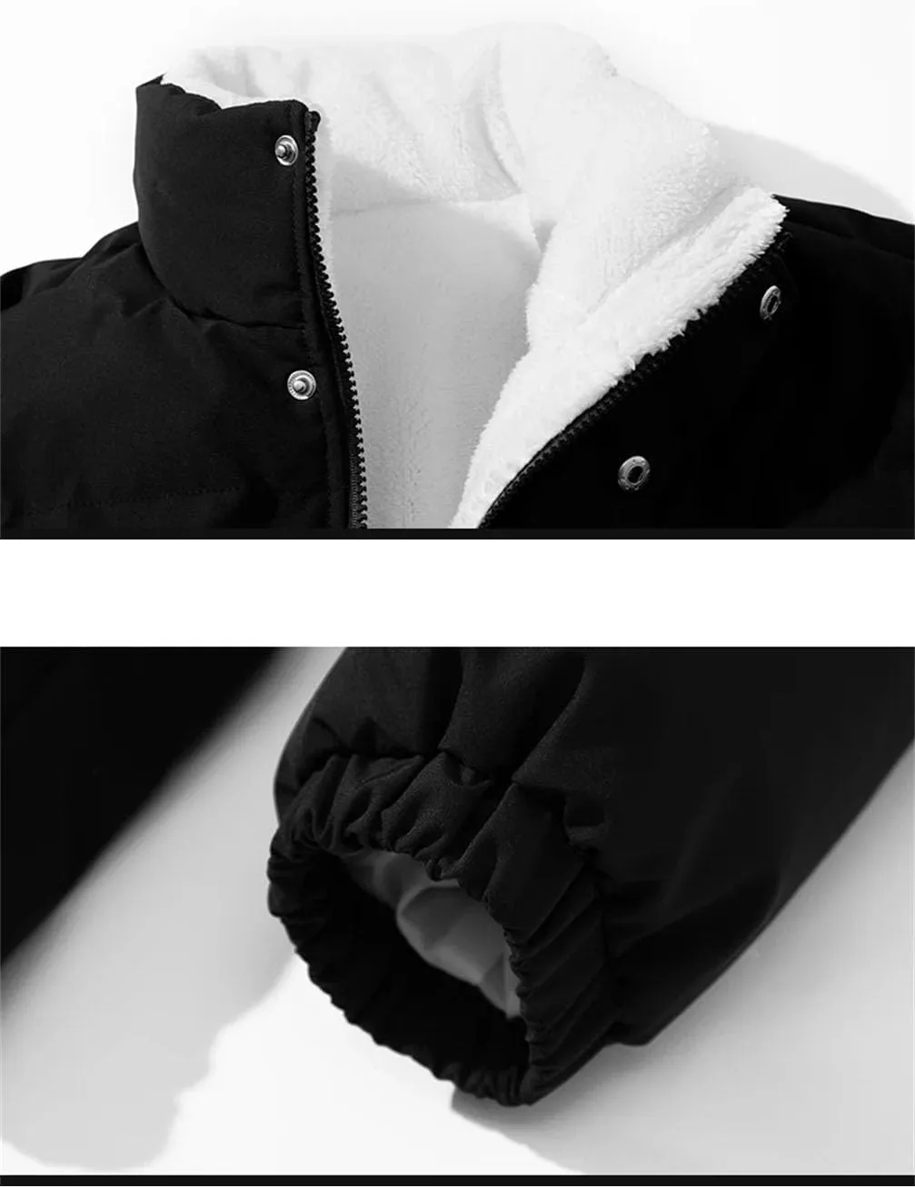 Men Stand Collar Zipper Button Cotton-Padded Jacket Classic Solid Oversized Thick Plush Coat