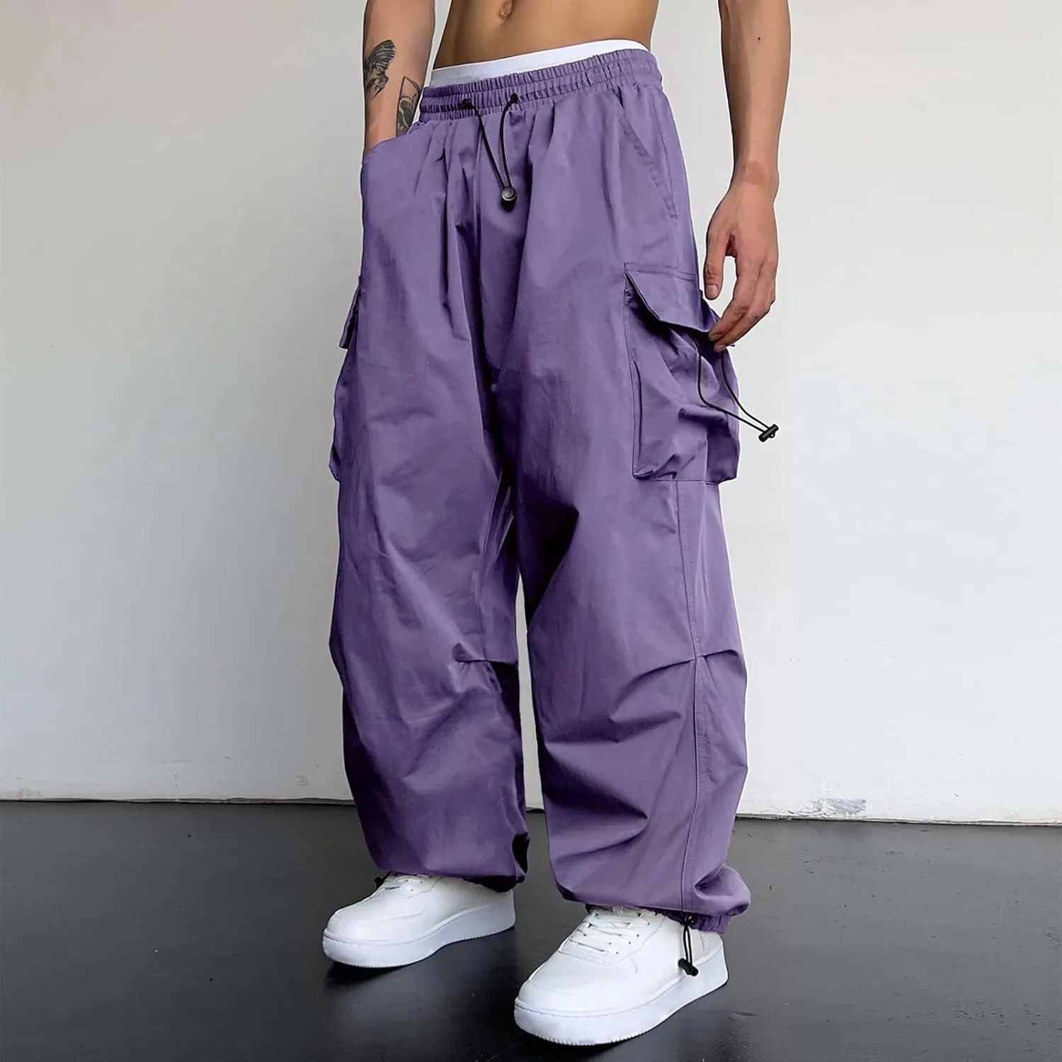 Mens Baggy Cargo Pants, Parachute Pants Causal Loose Fit Joggers, Trendy Harem Pants, Hip Hop Streetwear with Pockets