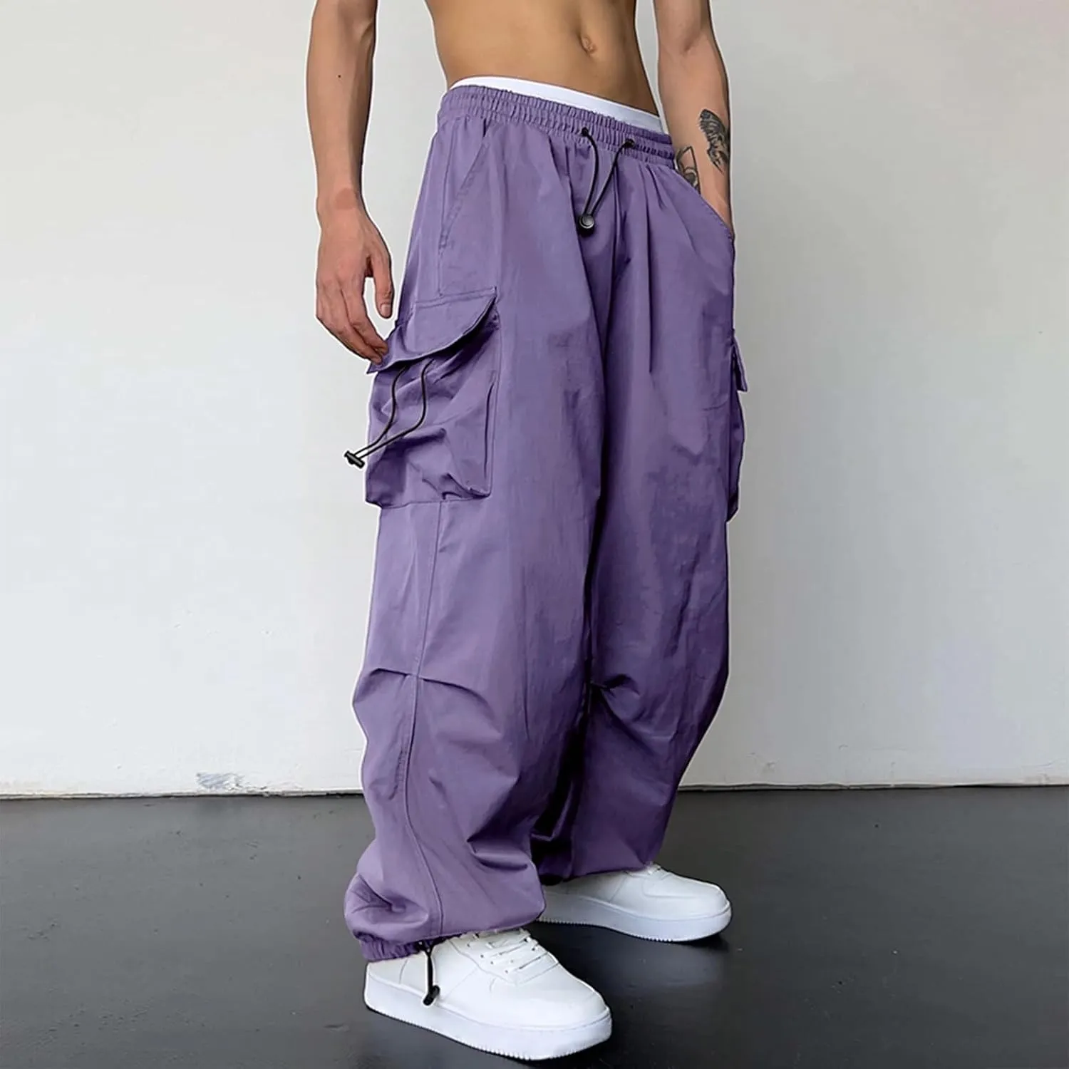 Mens Baggy Cargo Pants, Parachute Pants Causal Loose Fit Joggers, Trendy Harem Pants, Hip Hop Streetwear with Pockets