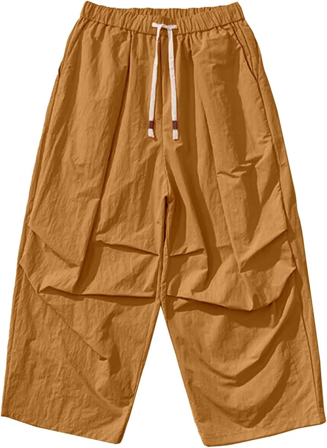 Men's Linen Pants, Casual Trendy Loose Fit Wide Legs Pants Solid Color Drawstring Elastic Waisted Pants with Pockets