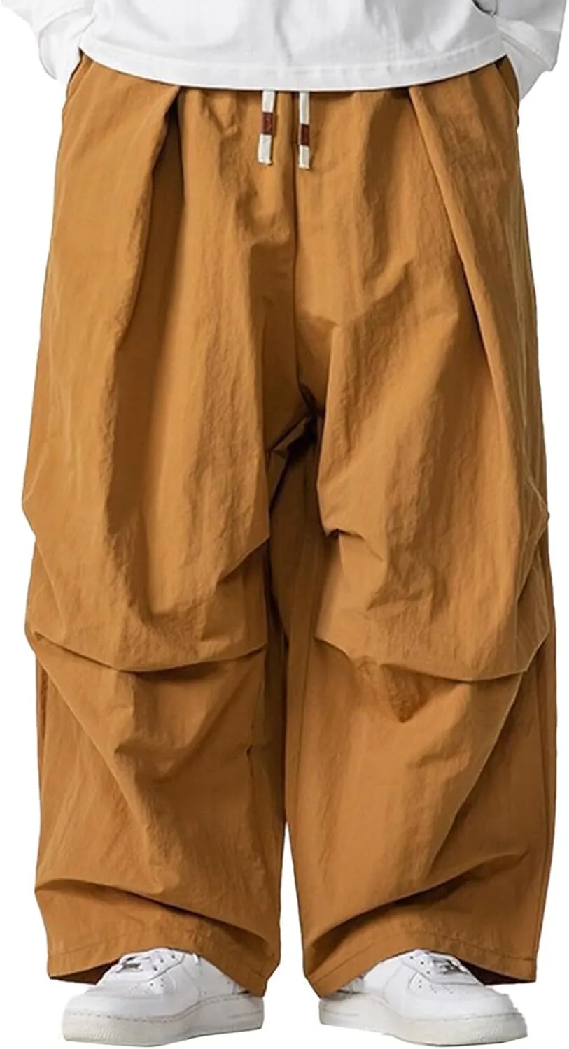Men's Linen Pants, Casual Trendy Loose Fit Wide Legs Pants Solid Color Drawstring Elastic Waisted Pants with Pockets