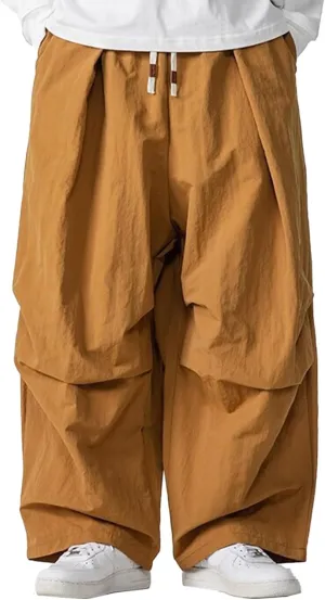 Men's Linen Pants, Casual Trendy Loose Fit Wide Legs Pants Solid Color Drawstring Elastic Waisted Pants with Pockets