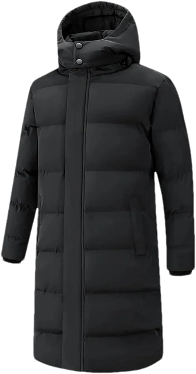 Men's Long Solid Color Winter Jacket - Warm, Detachable Hooded Parka, Snow-Clothes, Thick Down & Cotton Padded Coat
