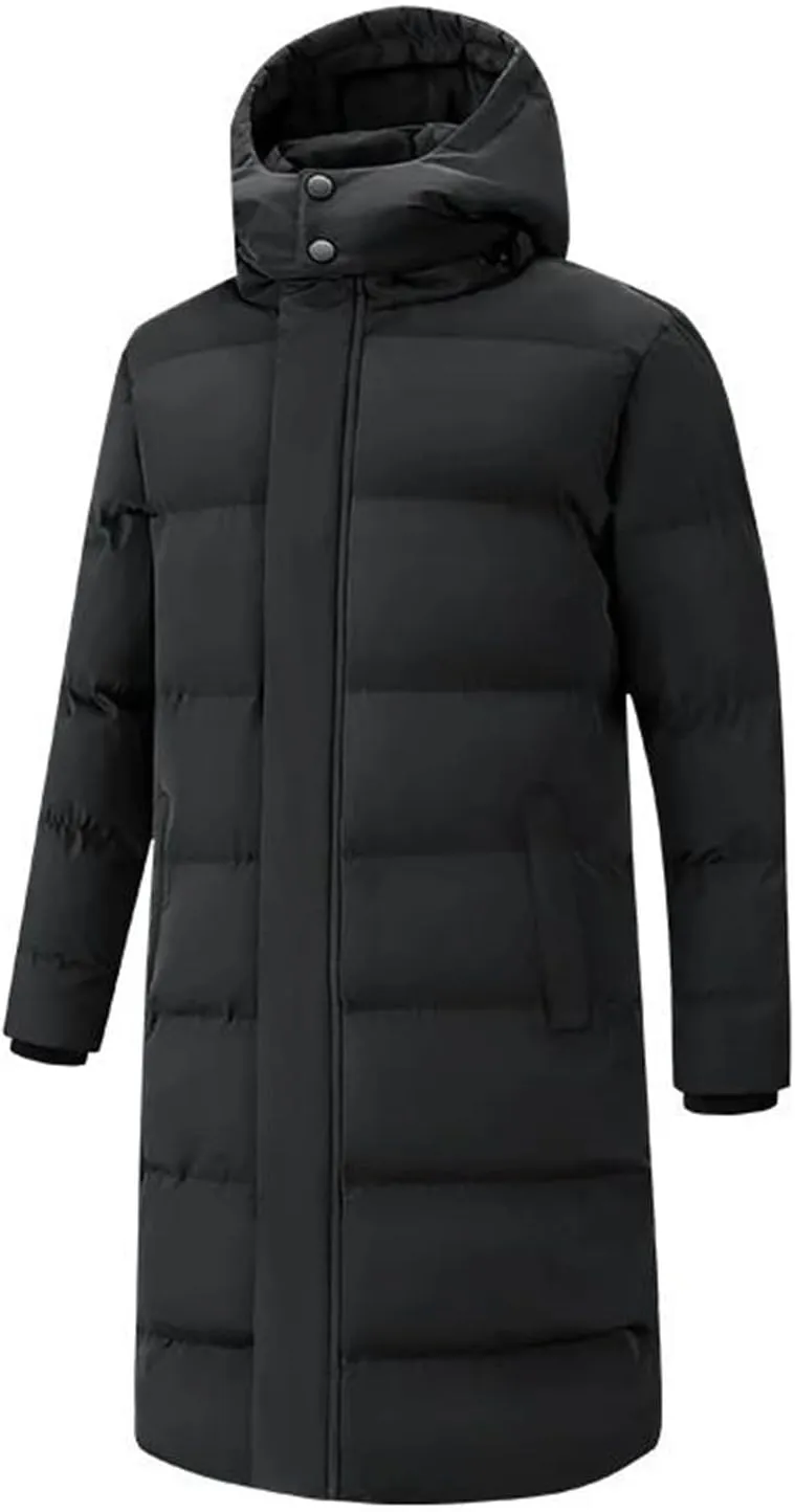 Men's Long Solid Color Winter Jacket - Warm, Detachable Hooded Parka, Snow-Clothes, Thick Down & Cotton Padded Coat