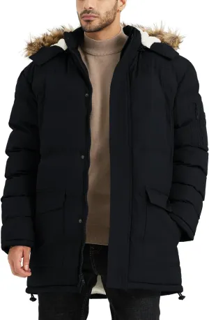 Mens Long Winter Coats Warm Water Resistant Jackets Windproof Padded Puffy Coat with Removable Fur Hood Black 3XL