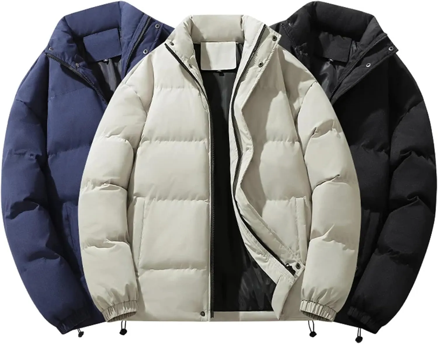 Men's Stand Collar Winter Cotton-Padded Coat - Loose, Solid Color, Thick Coat, Down Coat