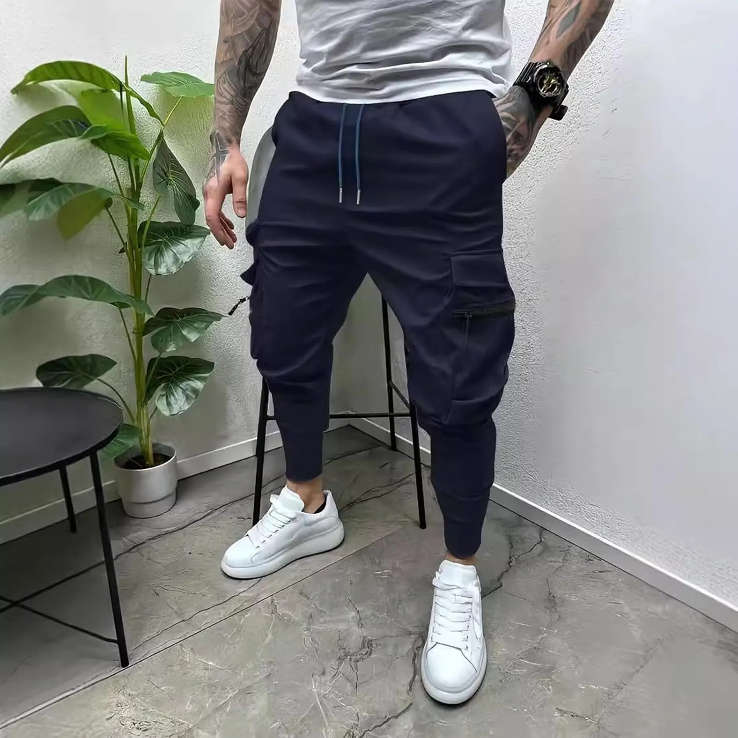 Mens Sweatpants Cargo Men's Spring Summer and Autumn Casual Mid Elastic Multi Pocket Slim Fit Overalls Pantaln Cargo