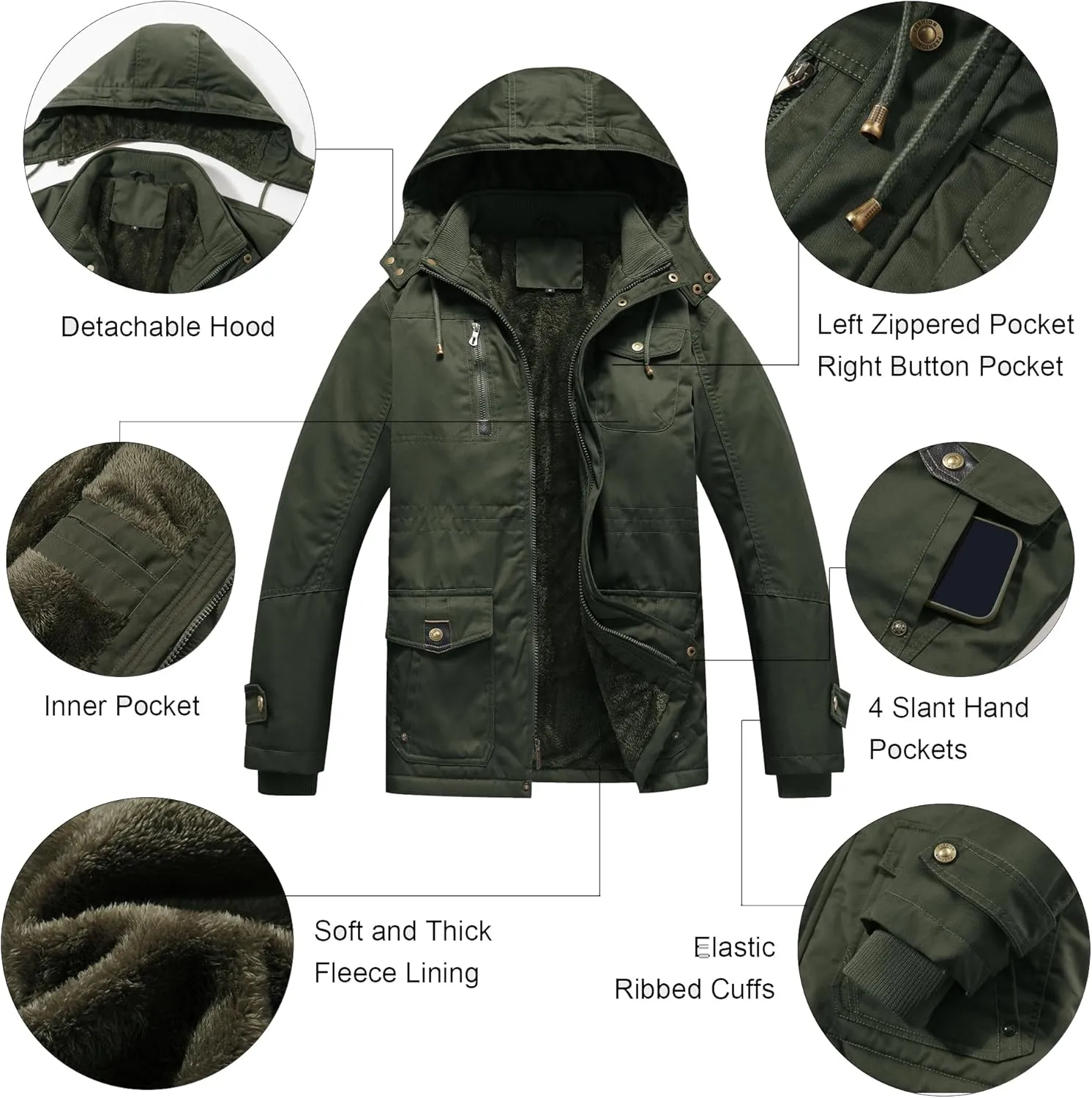 Men's Thick Winter Jackets Fleece Lined Thick Jackets Hood Work Jackets Coat Cotton Military with Cargo Pockets