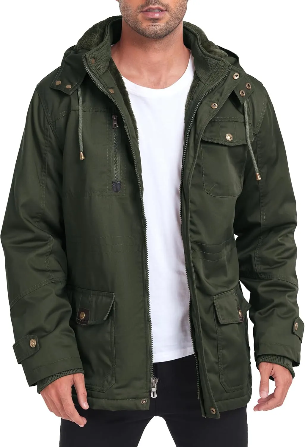 Men's Thick Winter Jackets Fleece Lined Thick Jackets Hood Work Jackets Coat Cotton Military with Cargo Pockets