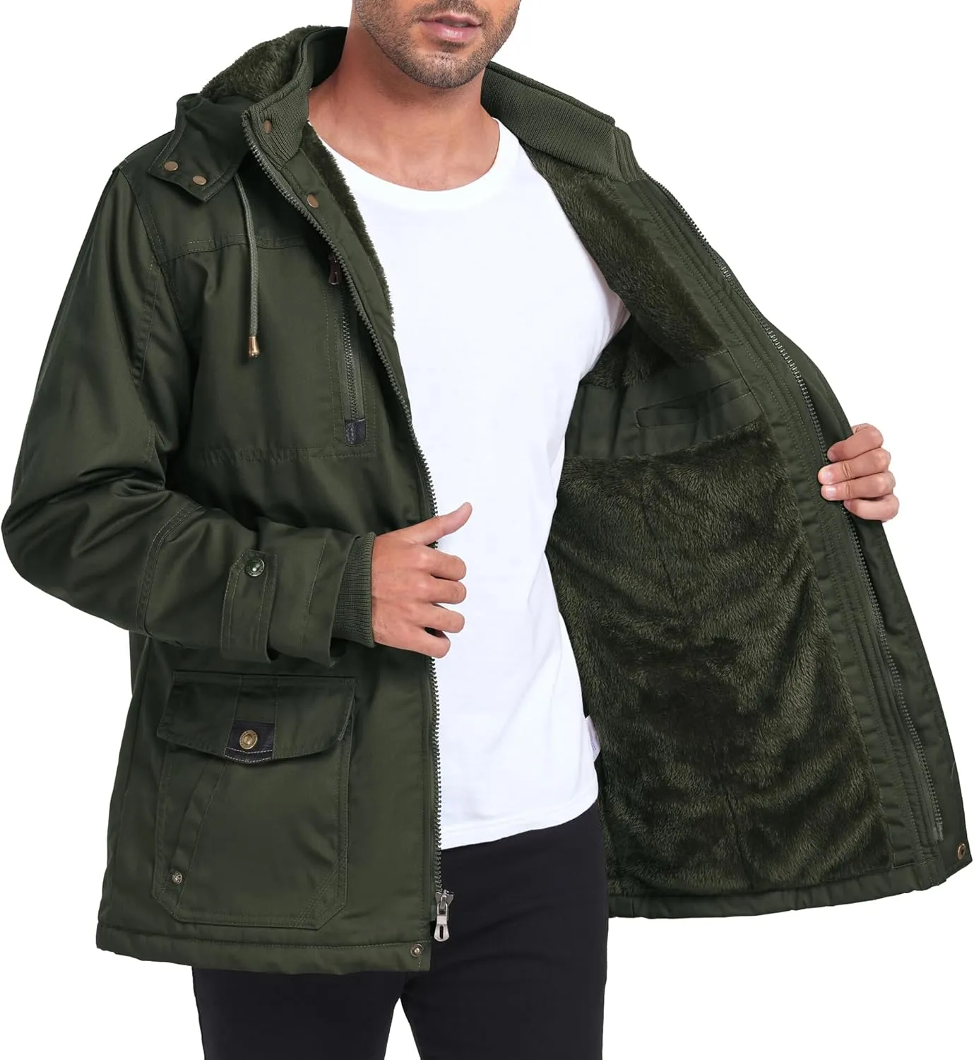 Men's Thick Winter Jackets Fleece Lined Thick Jackets Hood Work Jackets Coat Cotton Military with Cargo Pockets